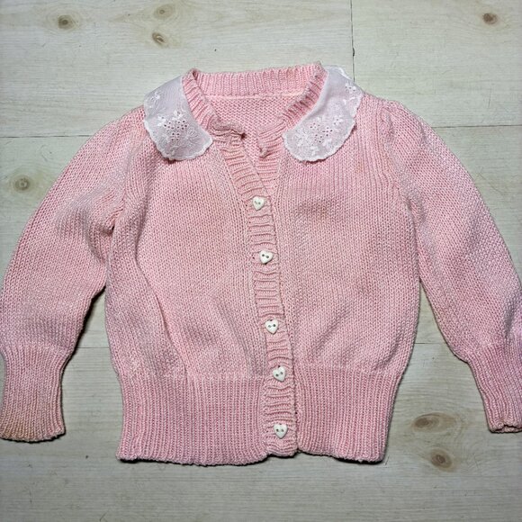 Vintage Pink Sweater with White Lace Collar Size 2-3 Toddler - Picture 2 of 2